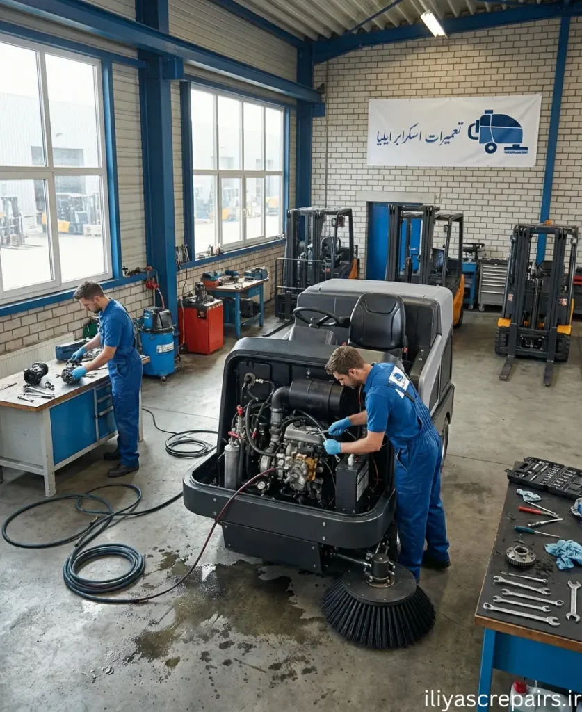 تعمیرکار تعمیرات اسکرابر ایلیا در حال تعمیر