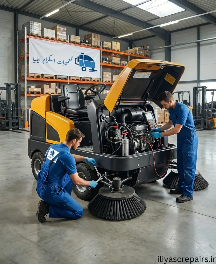 تعمیرکار تعمیرات اسکرابر ایلیا در حال تعمیر